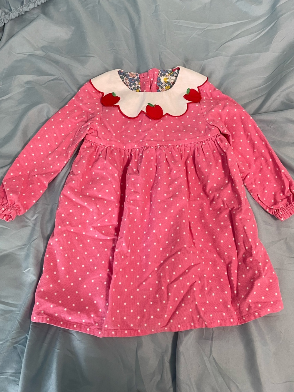 Baby Boden Pink Polka Dot Dress with Apple Collar